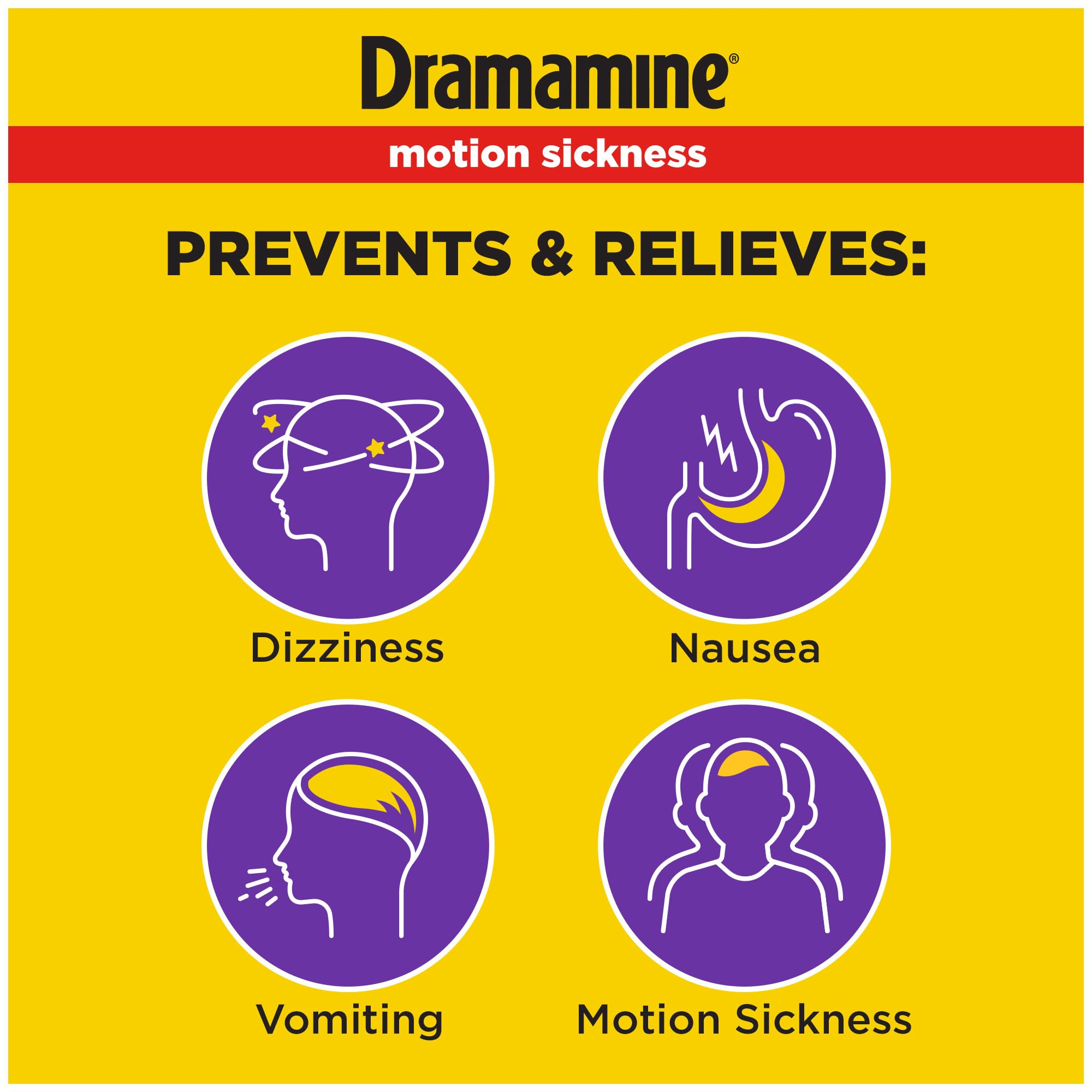 Dramamine Less Drowsy motion sickness tablets displaying twenty four hour protection labels on the box side