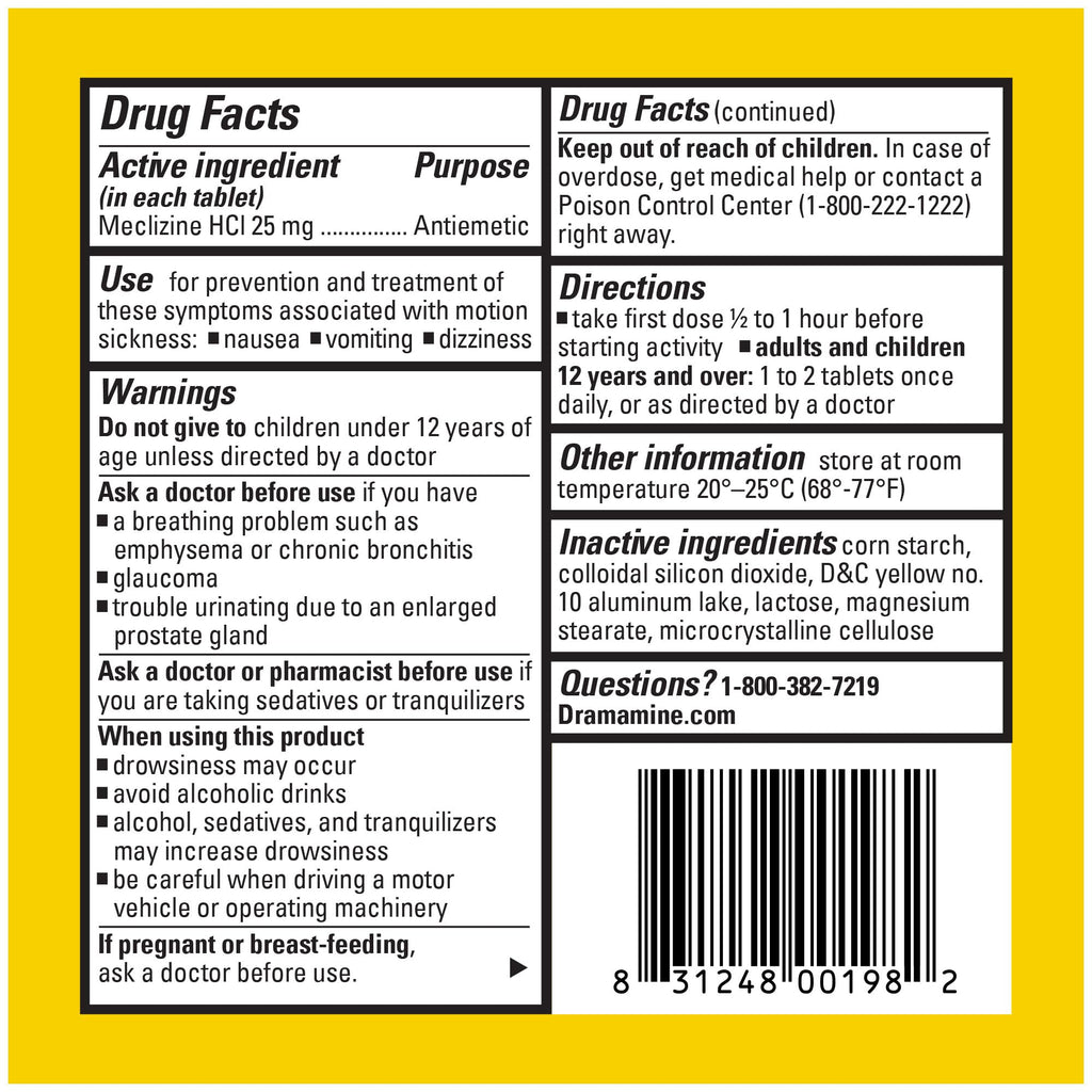 Close up of Dramamine Less Drowsy safety travel vial showing secure cap and clear label text