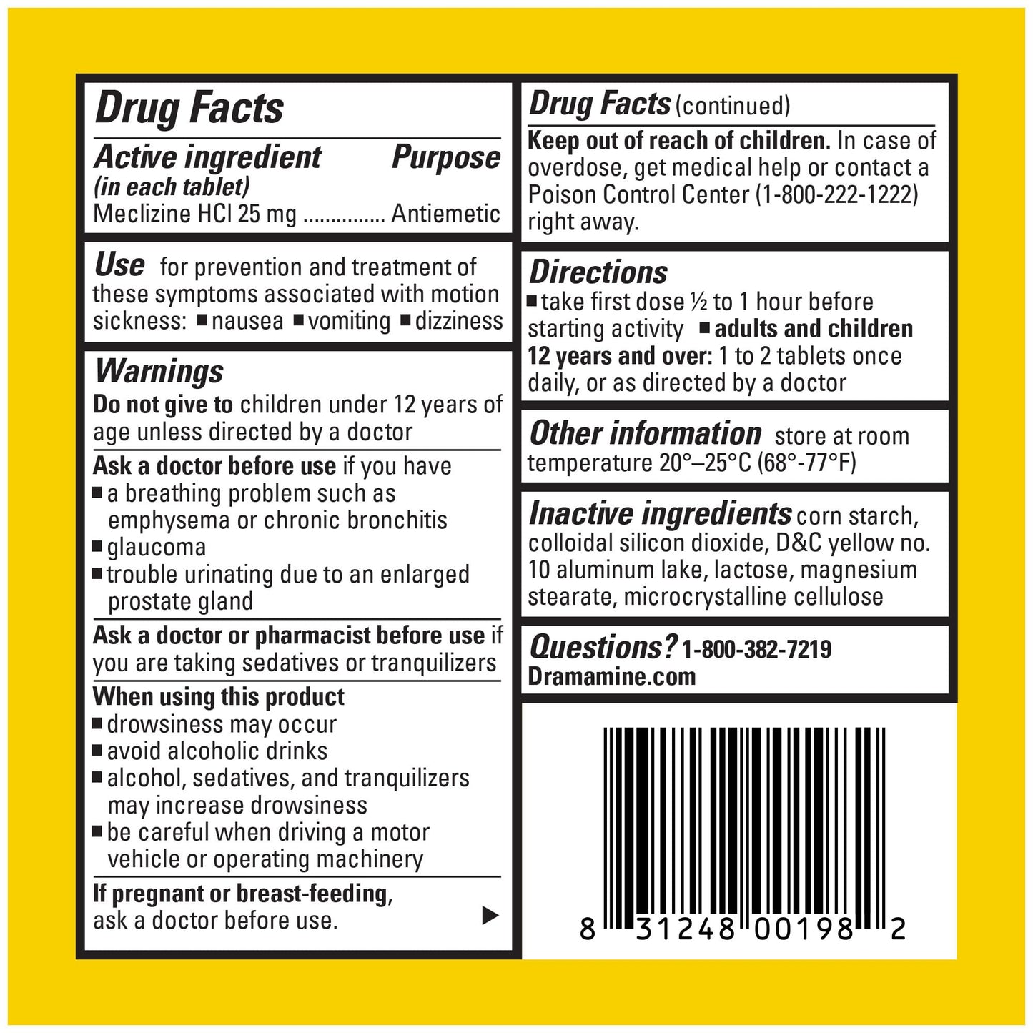 Close up of Dramamine Less Drowsy safety travel vial showing secure cap and clear label text