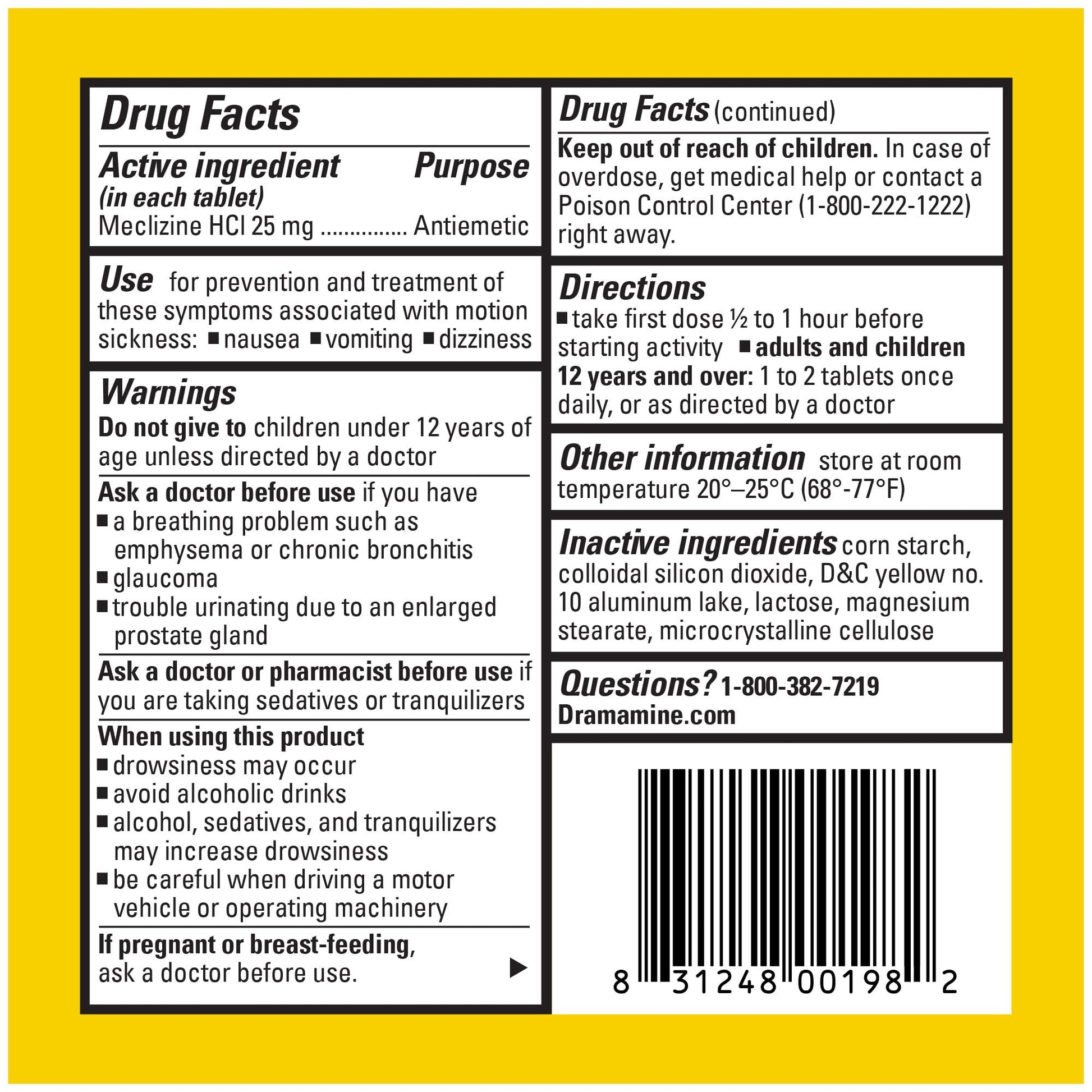 Close up of Dramamine Less Drowsy safety travel vial showing secure cap and clear label text
