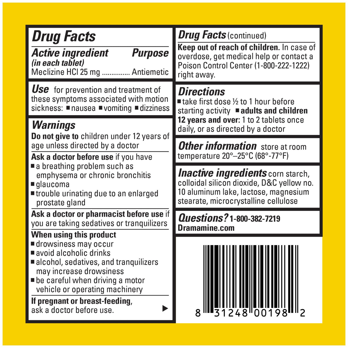 Close up of Dramamine Less Drowsy safety travel vial showing secure cap and clear label text