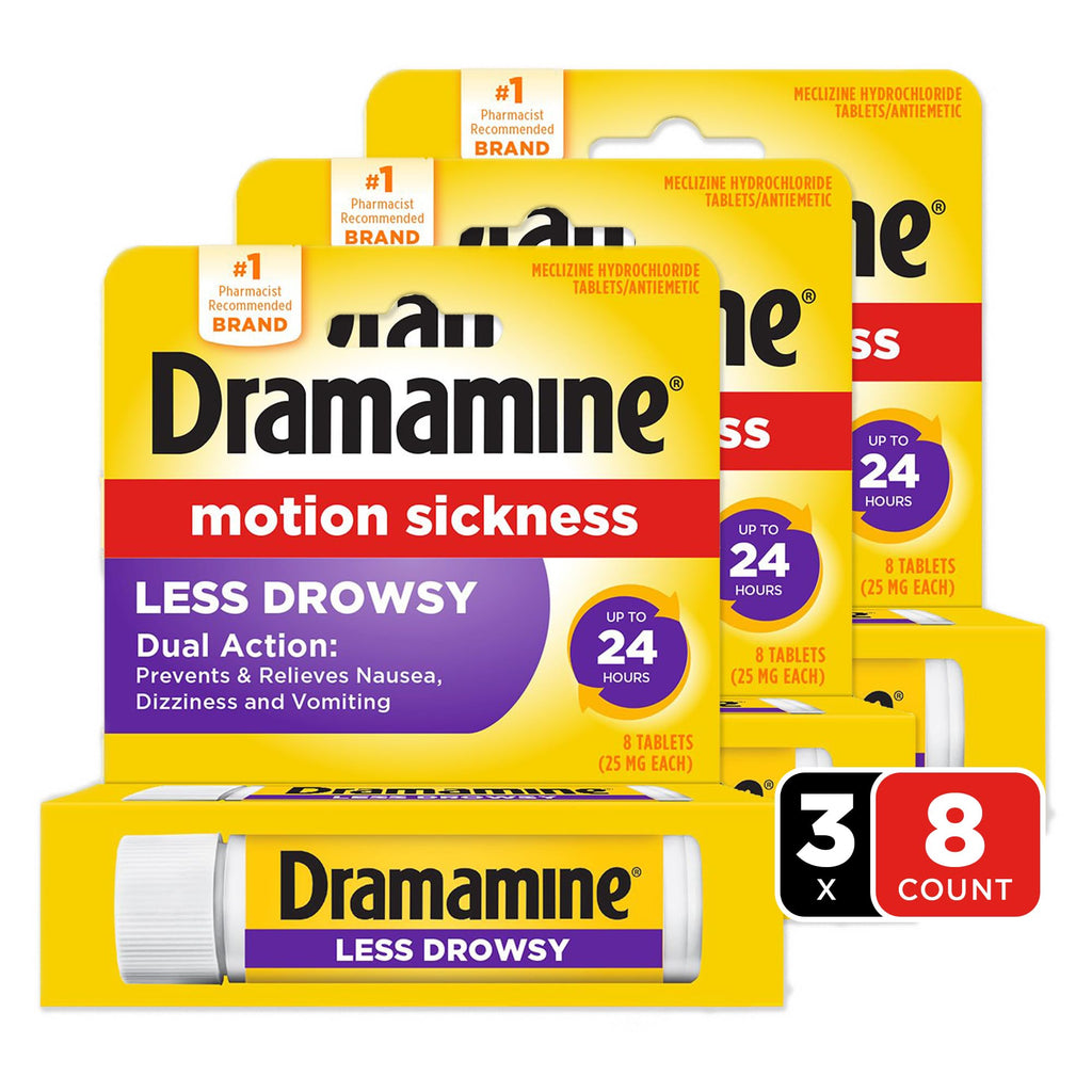 Dramamine motion sickness relief three pack package layout detailing the reduced drowsiness formula benefits
