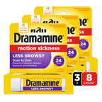 Dramamine motion sickness relief three pack package layout detailing the reduced drowsiness formula benefits
