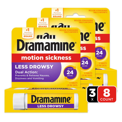 Dramamine motion sickness relief three pack package layout detailing the reduced drowsiness formula benefits