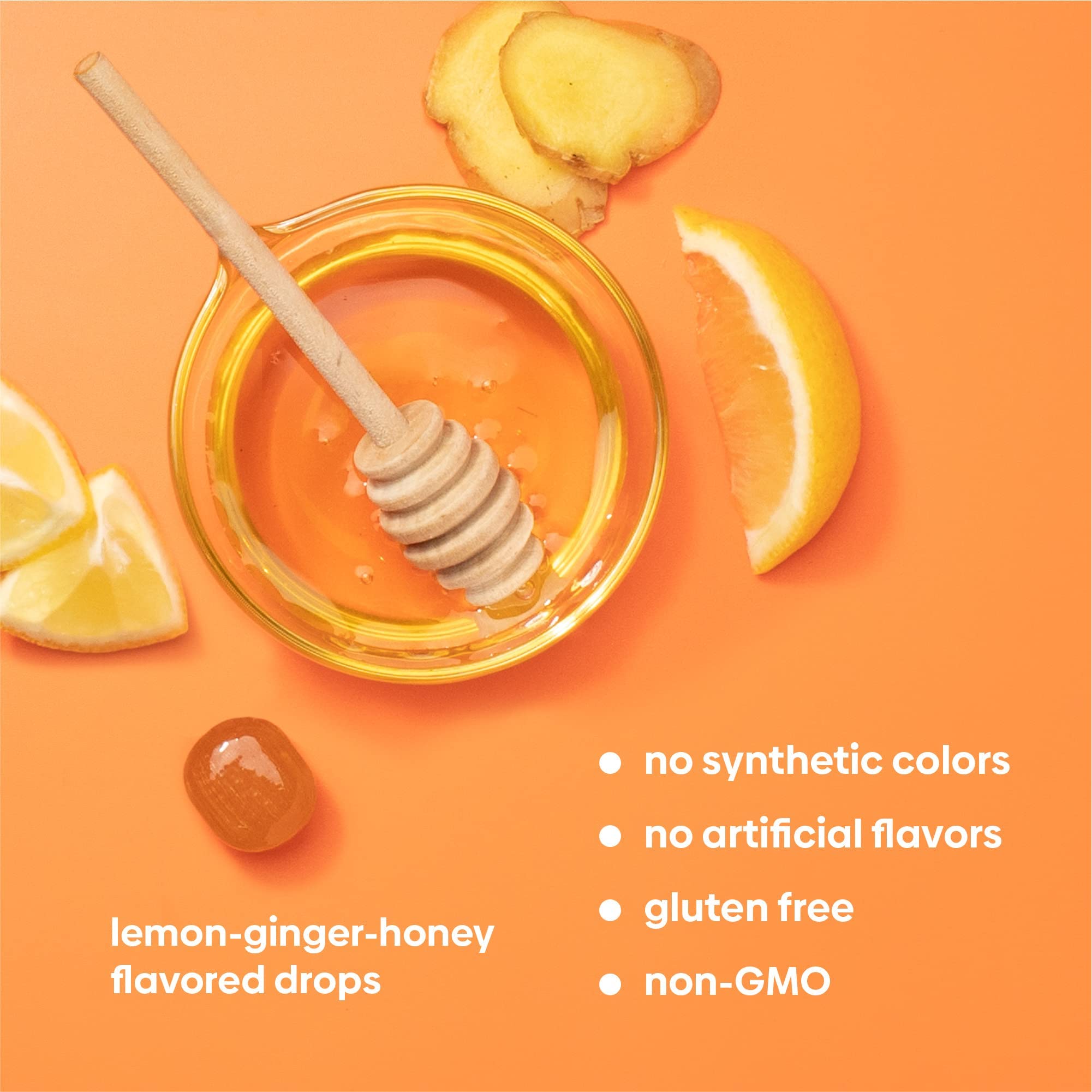 UpSpring Stomach Settle drops packaging showing lemon ginger honey flavor ingredients.