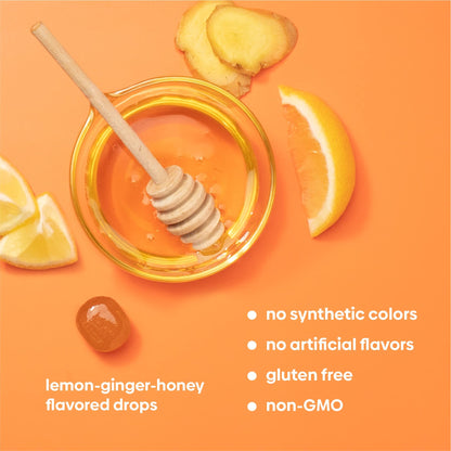 UpSpring Stomach Settle drops packaging showing lemon ginger honey flavor ingredients.