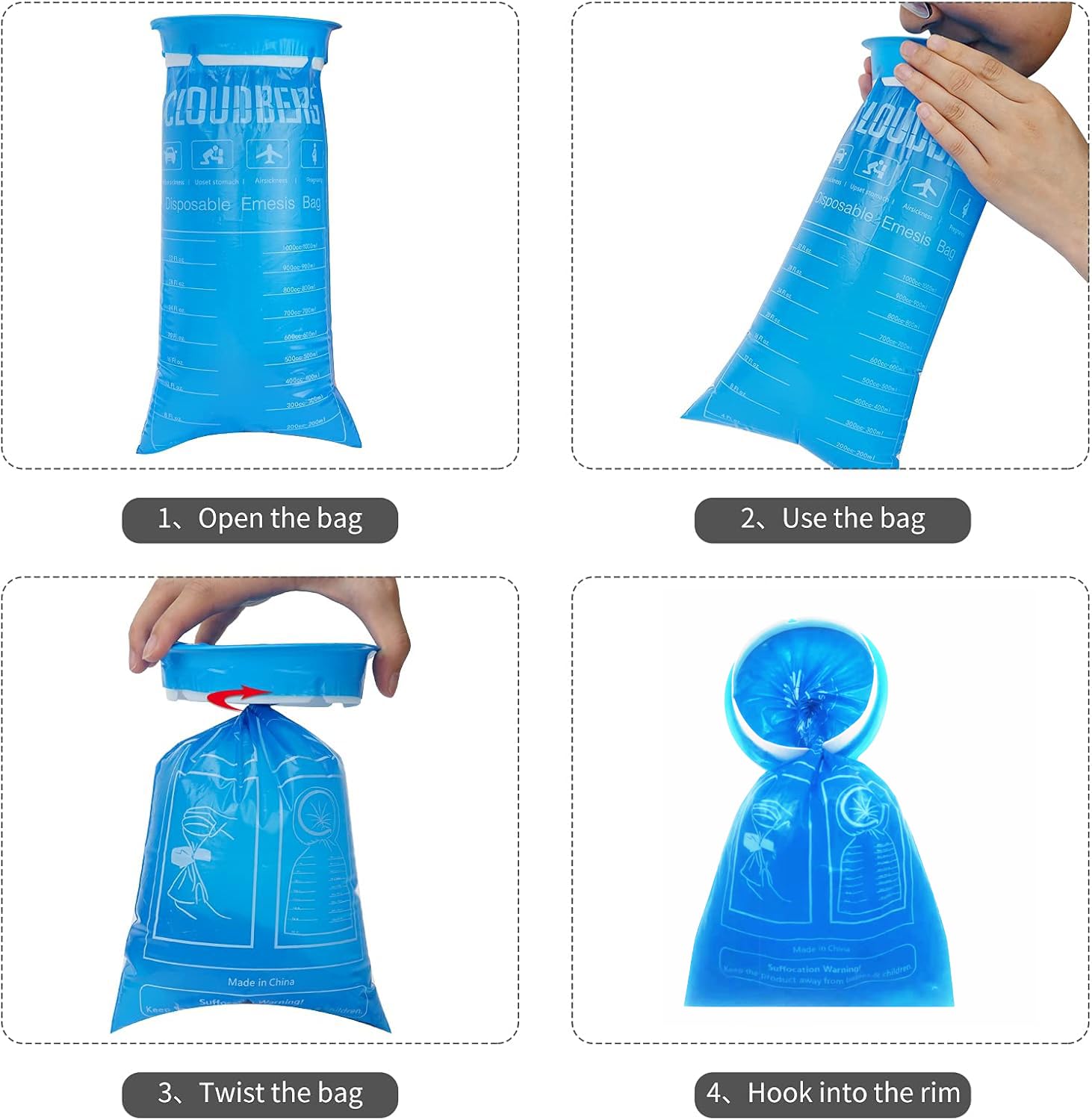 Cloudberg 1000 ml vomit bag showing the wide white rigid plastic opening rim.