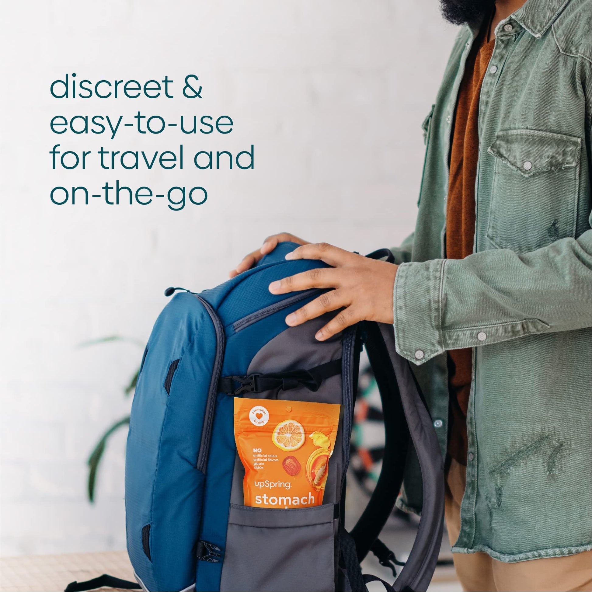 UpSpring USA imported digestive health supplement pouch layout on a clean background.