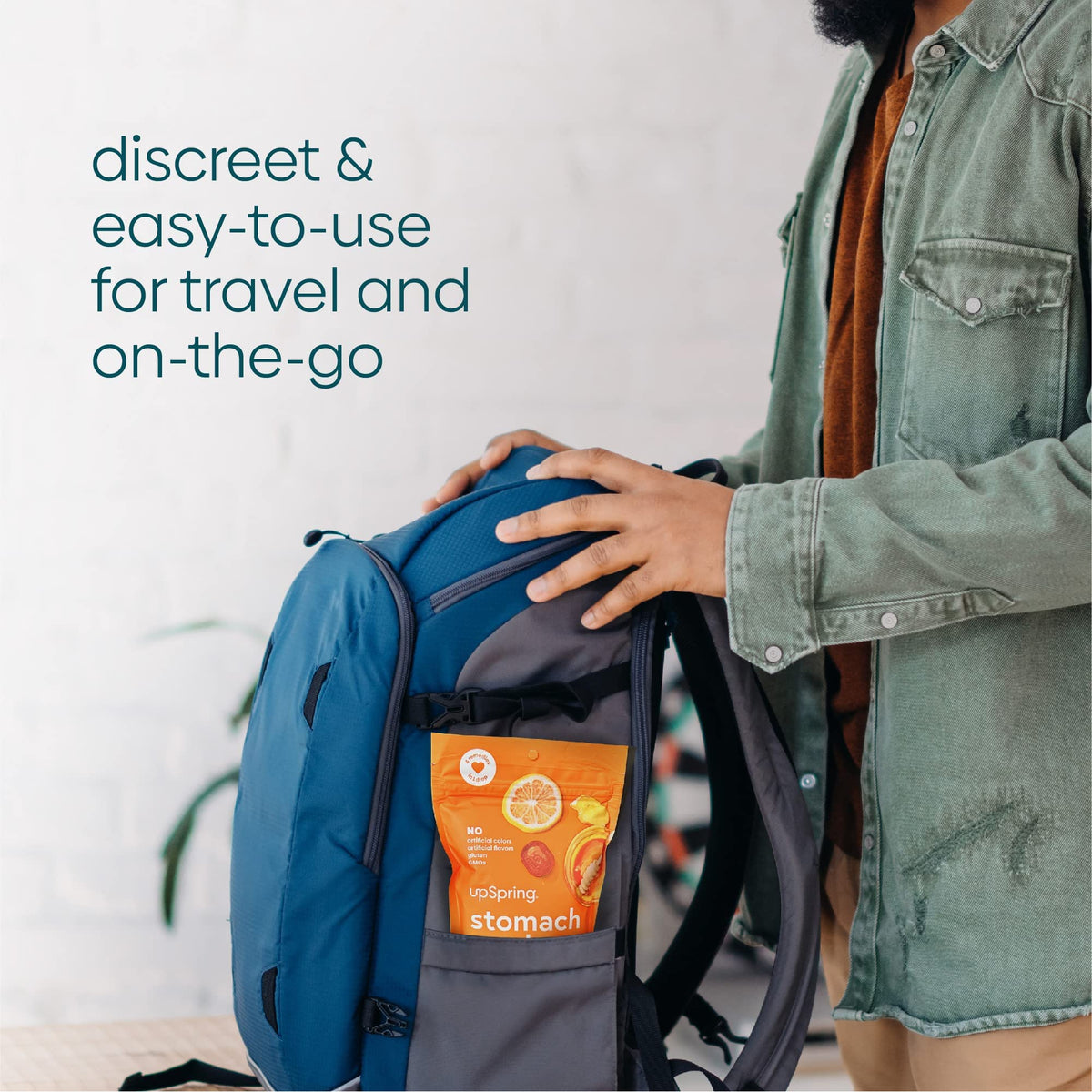 UpSpring USA imported digestive health supplement pouch layout on a clean background.