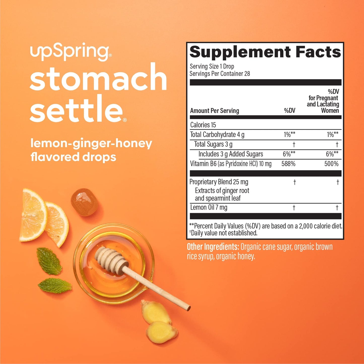 UpSpring drug free stomach relief lozenges showing the non GMO and gluten free labels.