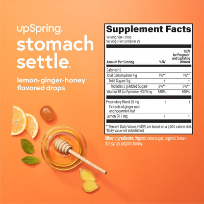 UpSpring drug free stomach relief lozenges showing the non GMO and gluten free labels.