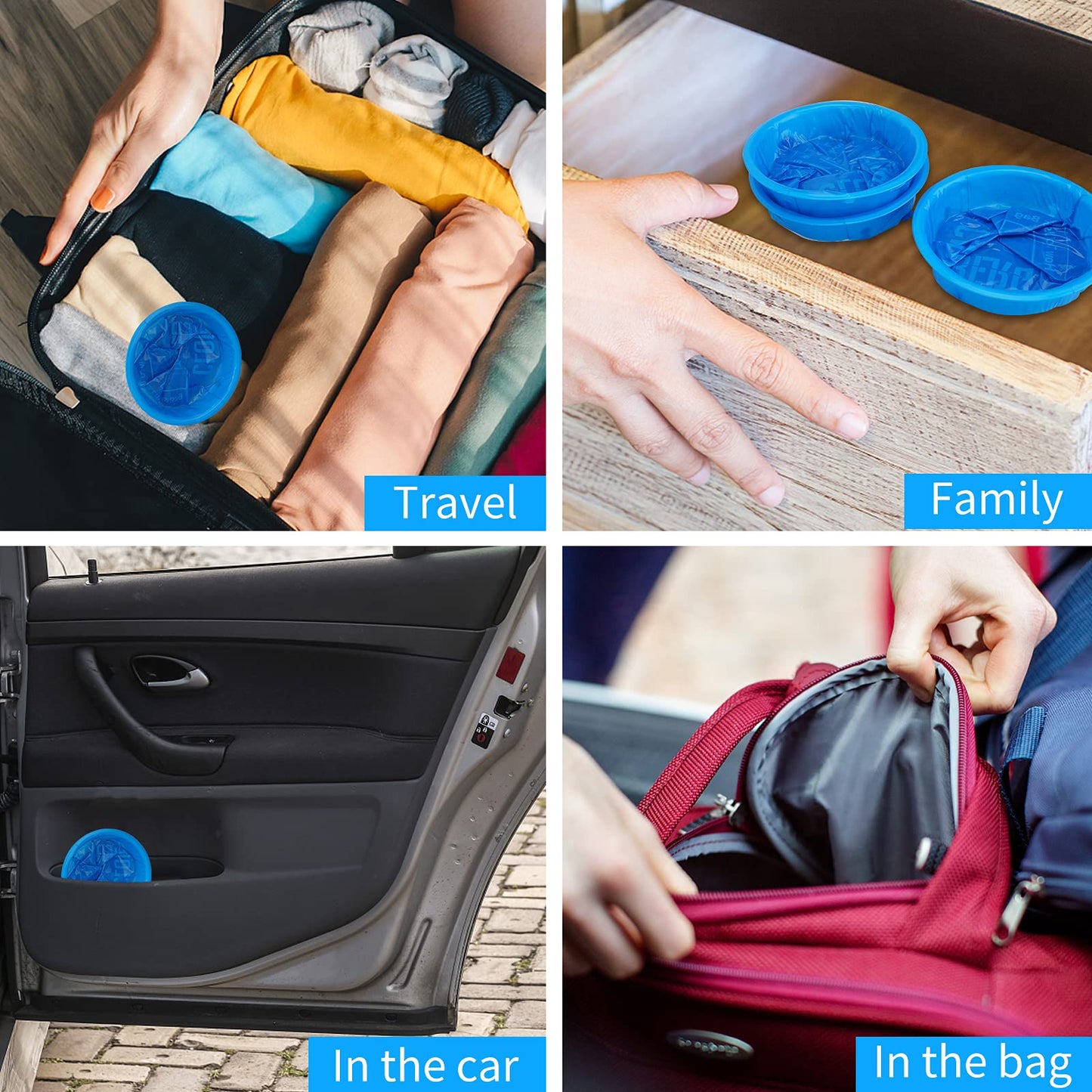 Cloudberg blue disposable puke bags pack packaged safely for car and travel emergency use.
