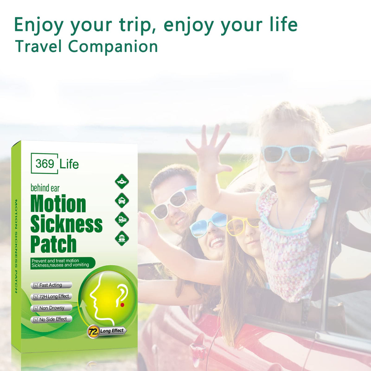 Compact travel size motion sickness remedy box for family vacation planning