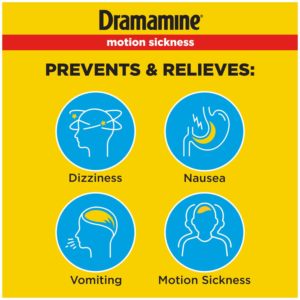 Dramamine dimenhydrinate 50 mg tablets packaging displaying usage directions and warnings