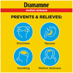 Dramamine dimenhydrinate 50 mg tablets packaging displaying usage directions and warnings