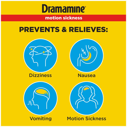 Dramamine dimenhydrinate 50 mg tablets packaging displaying usage directions and warnings