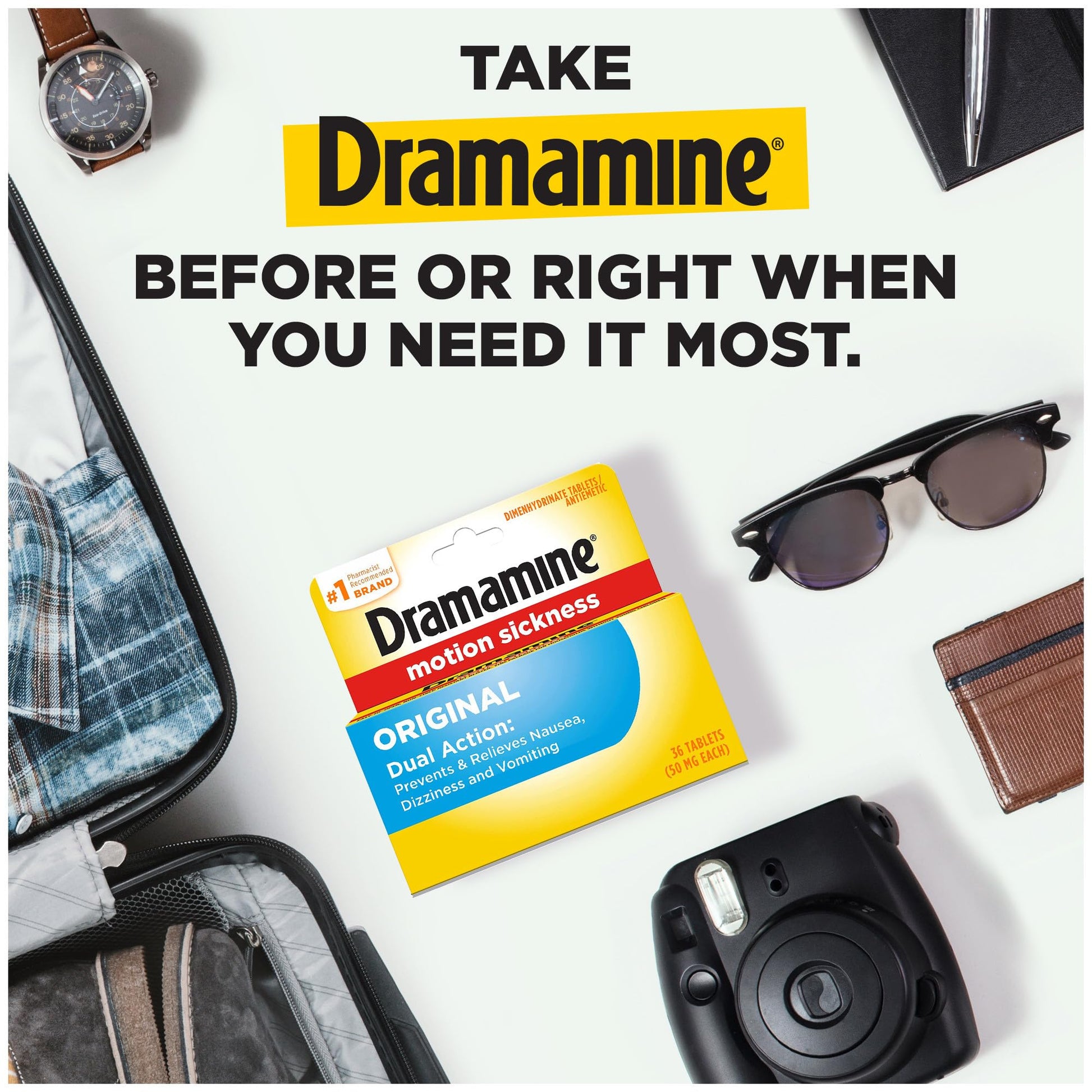 Dramamine travel sickness medication box showcasing the authentic imported product details