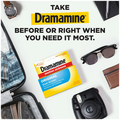 Dramamine travel sickness medication box showcasing the authentic imported product details