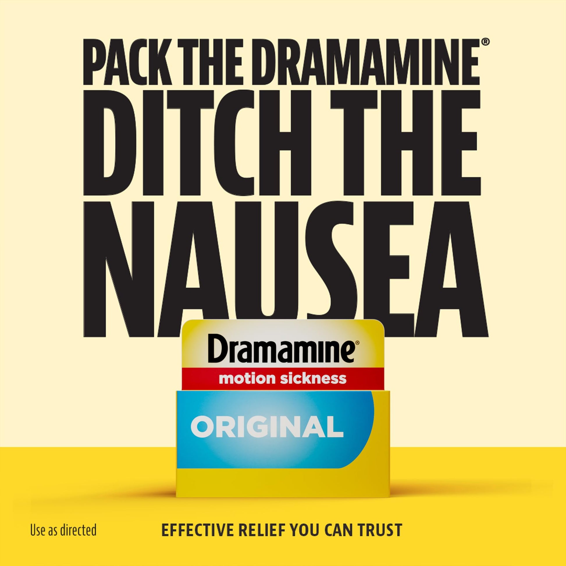 Dramamine antiemetic tablets for preventing dizziness and vomiting during long road trips