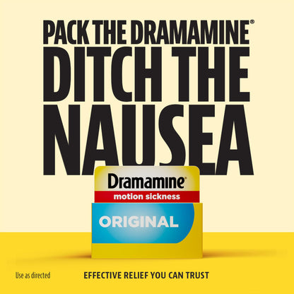 Dramamine antiemetic tablets for preventing dizziness and vomiting during long road trips