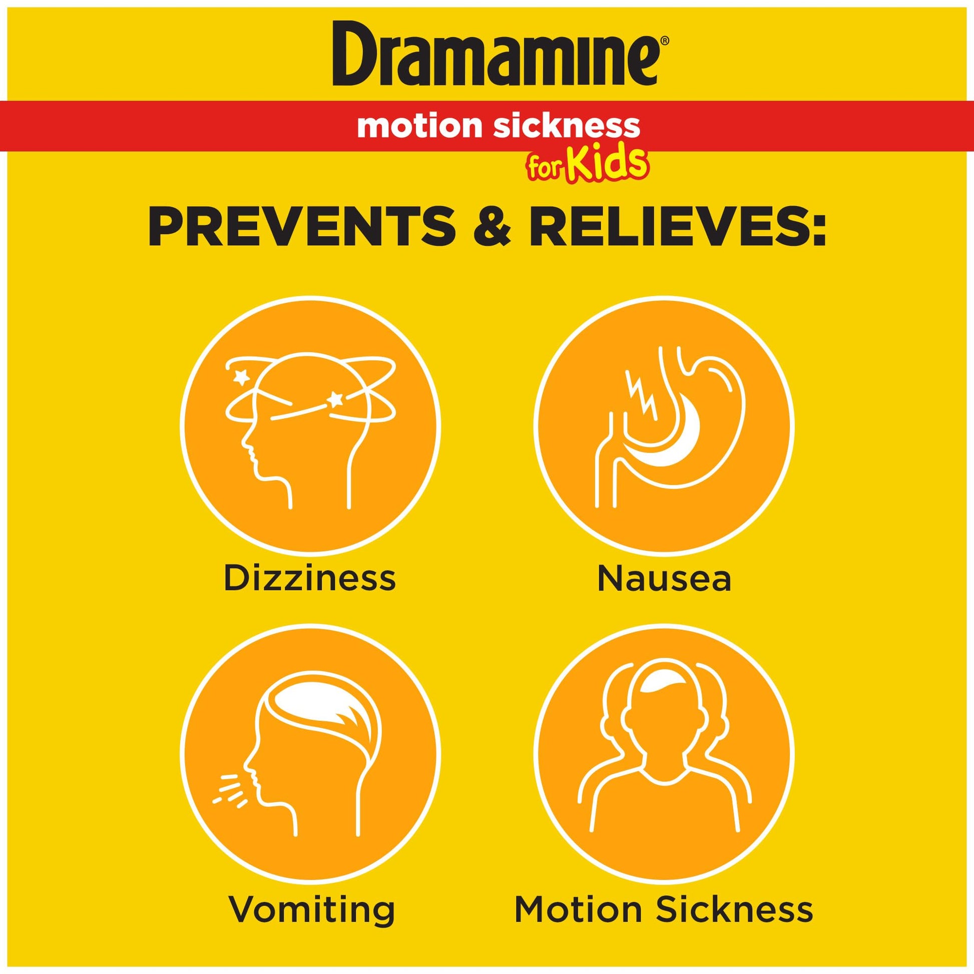Dramamine children chewable grape travel tablets side view showing age recommendation