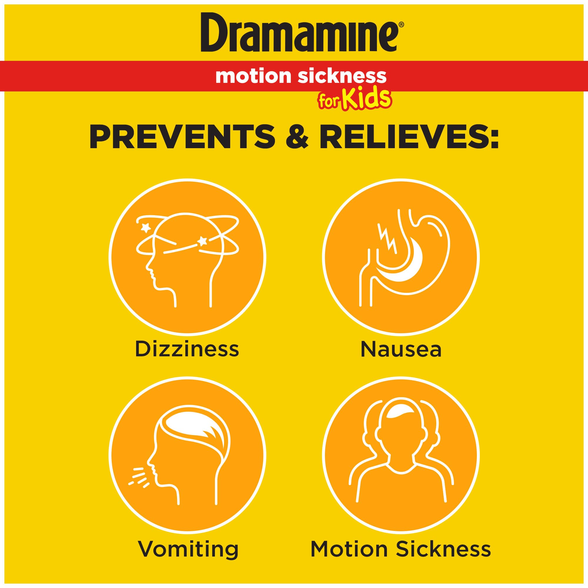 Dramamine children chewable grape travel tablets side view showing age recommendation