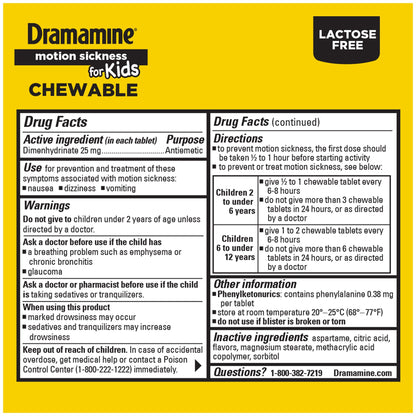Dramamine motion sickness relief for kids box contents including portable storage