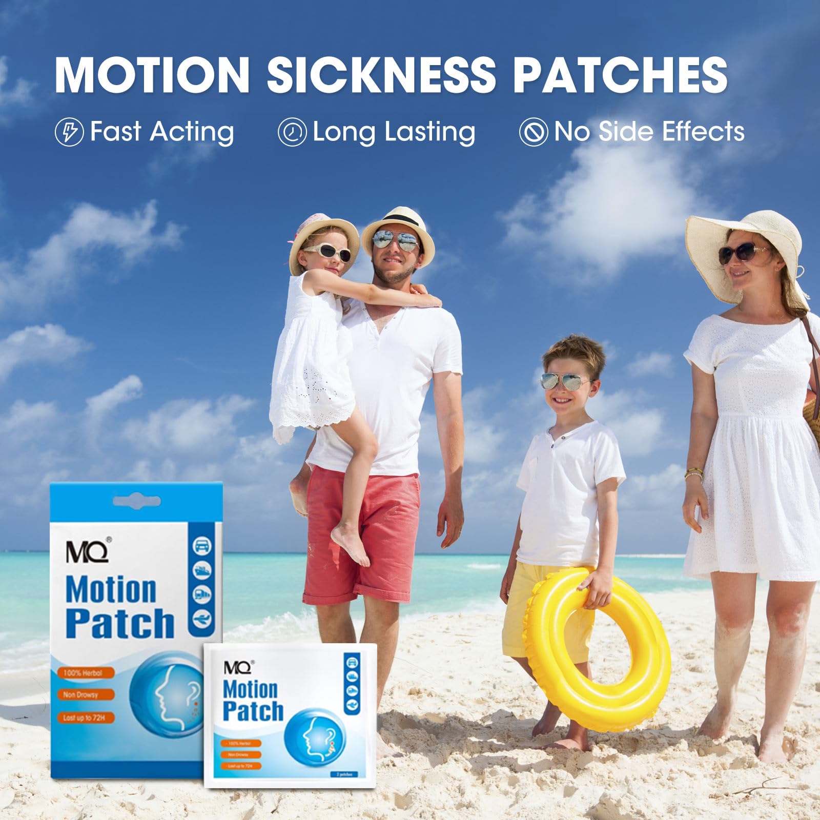MQ travel sickness patches displaying application behind the ear for non drowsy relief