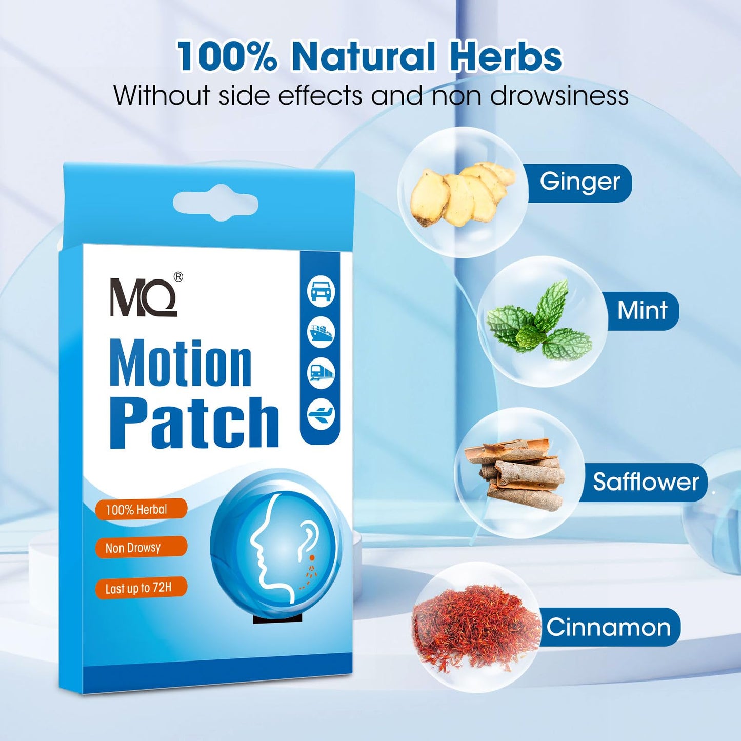 MQ natural herb motion sickness treatment box with seventy two hour long lasting label
