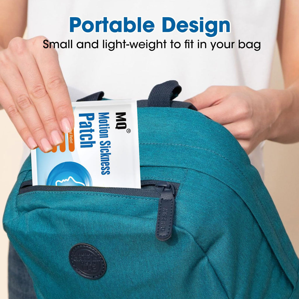 Back view of MQ motion sickness patch packaging with directions and warnings text