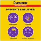 Dramamine meclizine hydrochloride 25 mg 8 count bottle side view showing drug facts
