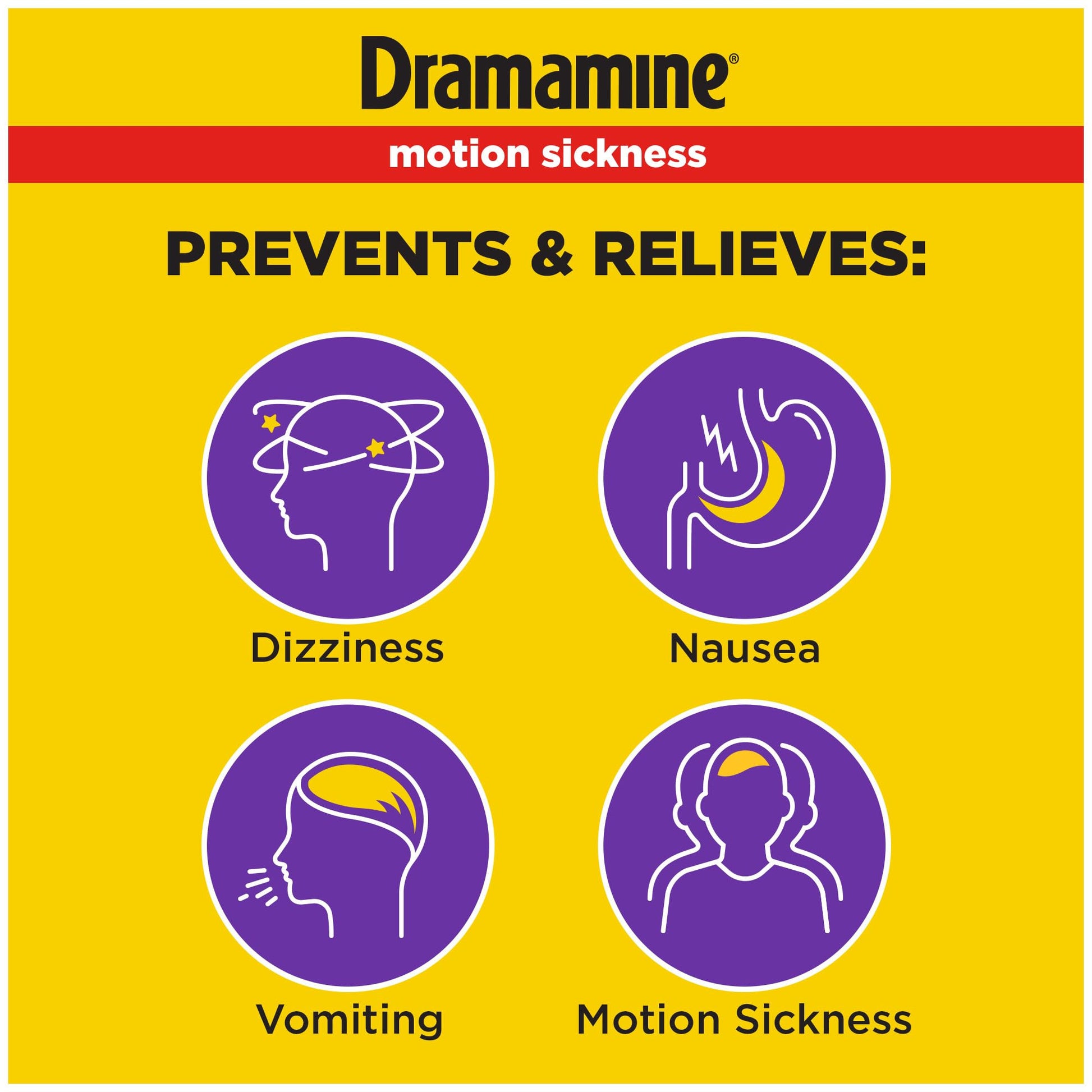 Dramamine meclizine hydrochloride 25 mg 8 count bottle side view showing drug facts