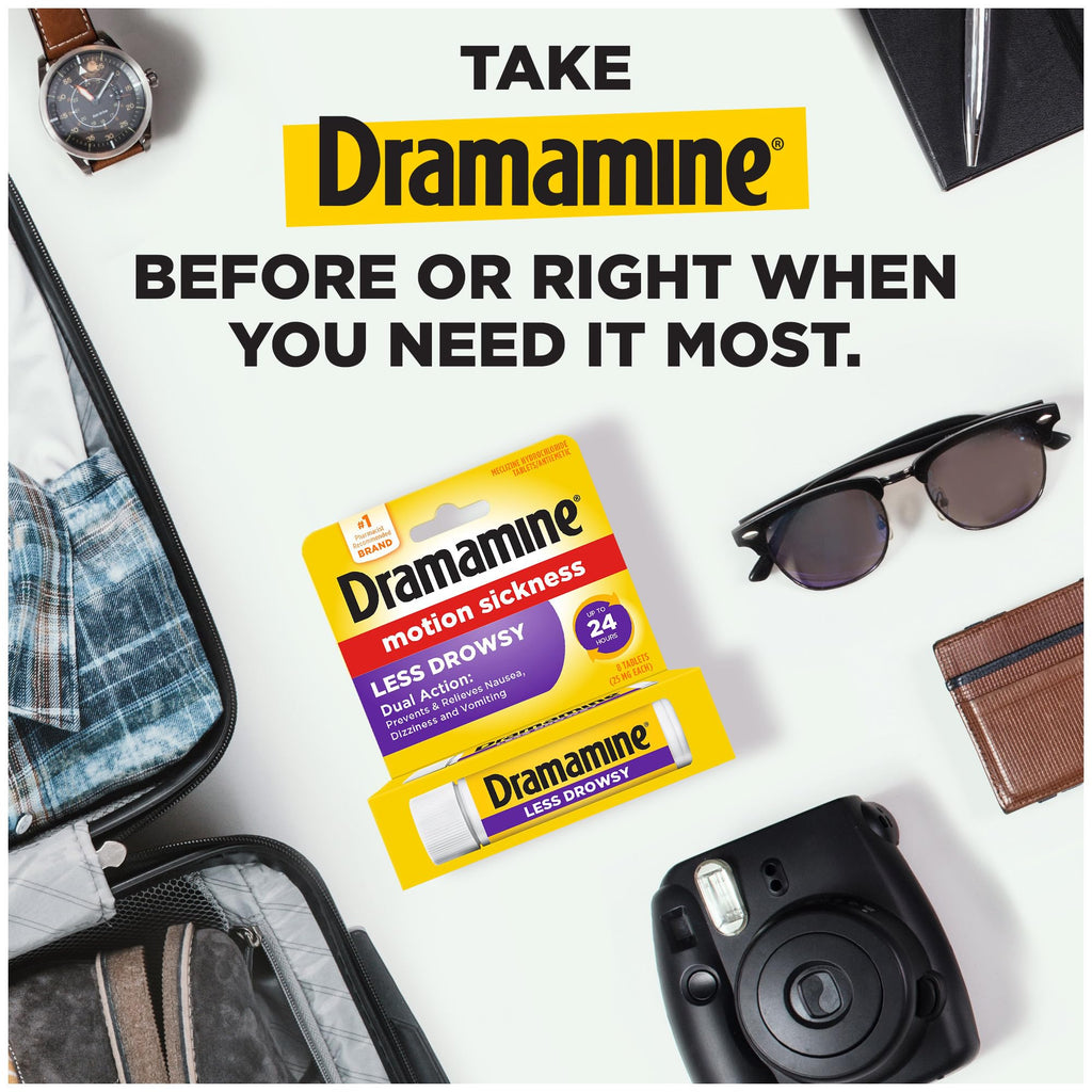 Dramamine 24 hour less drowsy motion sickness tablets compact container