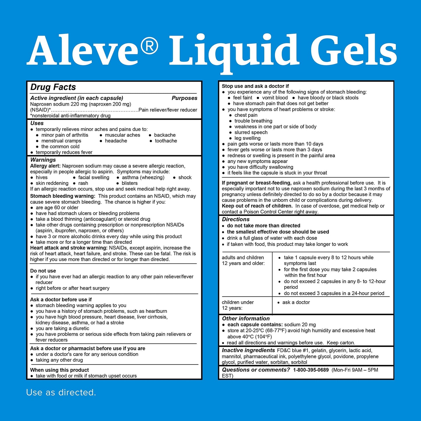 Aleve easy open arthritis cap bottle showcasing the blue liquid gelcaps inside