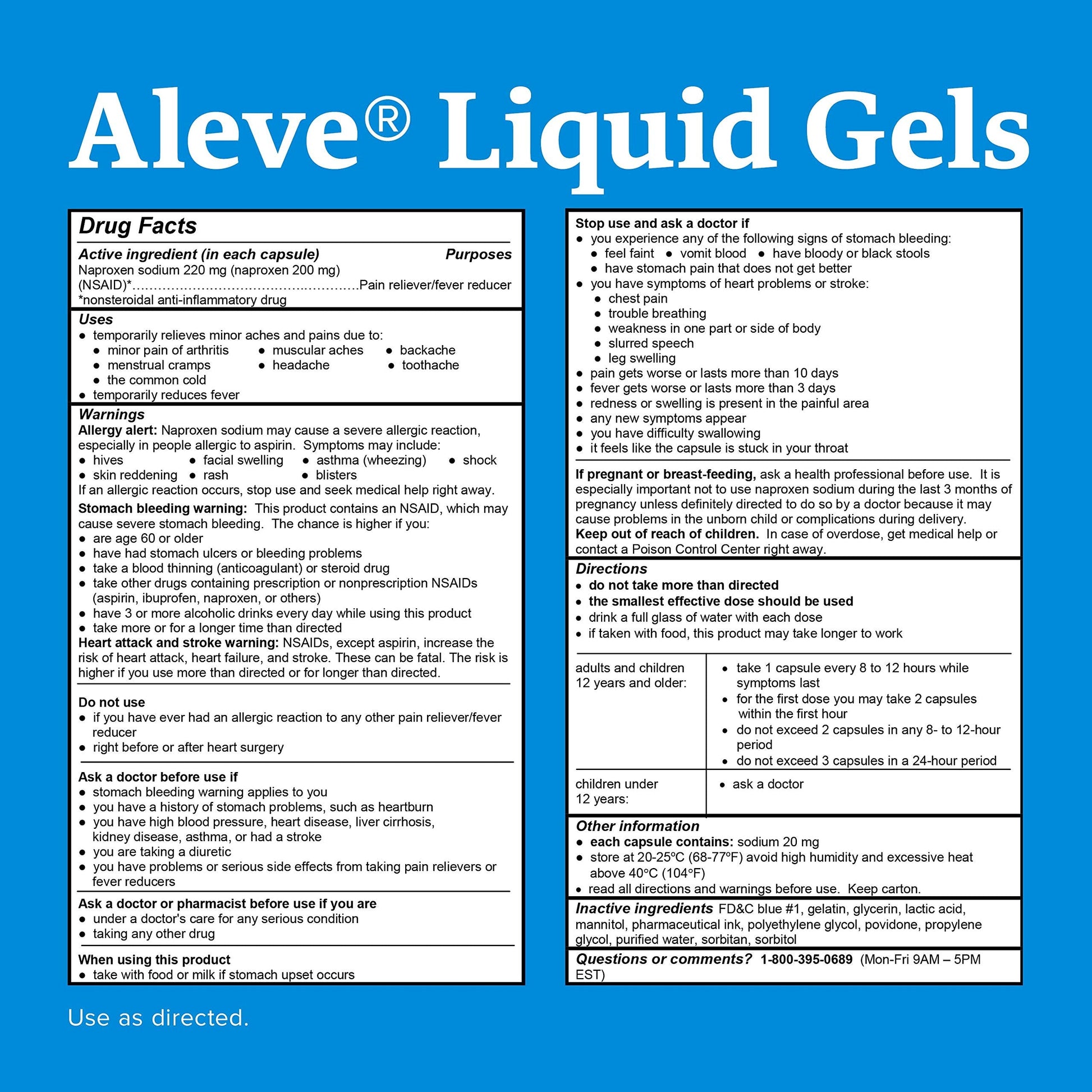 Aleve easy open arthritis cap bottle showcasing the blue liquid gelcaps inside