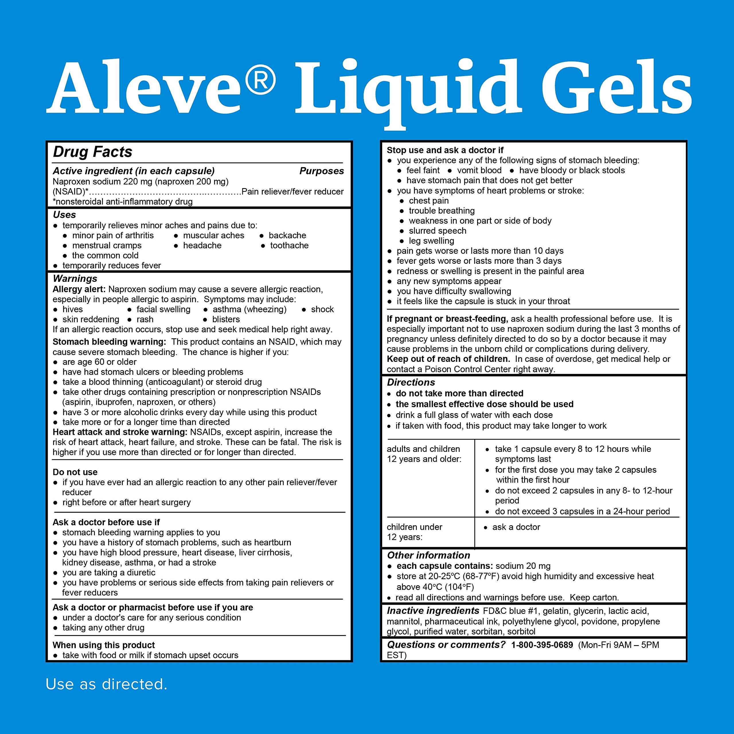 Aleve easy open arthritis cap bottle showcasing the blue liquid gelcaps inside