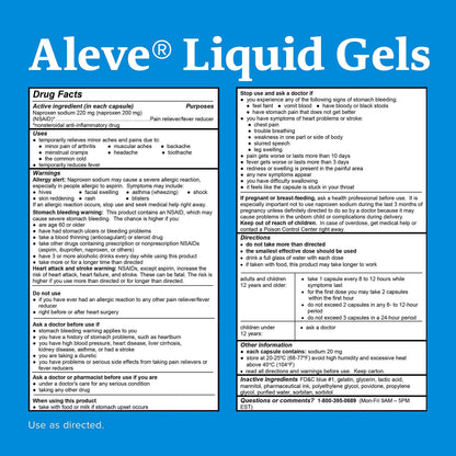 Aleve easy open arthritis cap bottle showcasing the blue liquid gelcaps inside