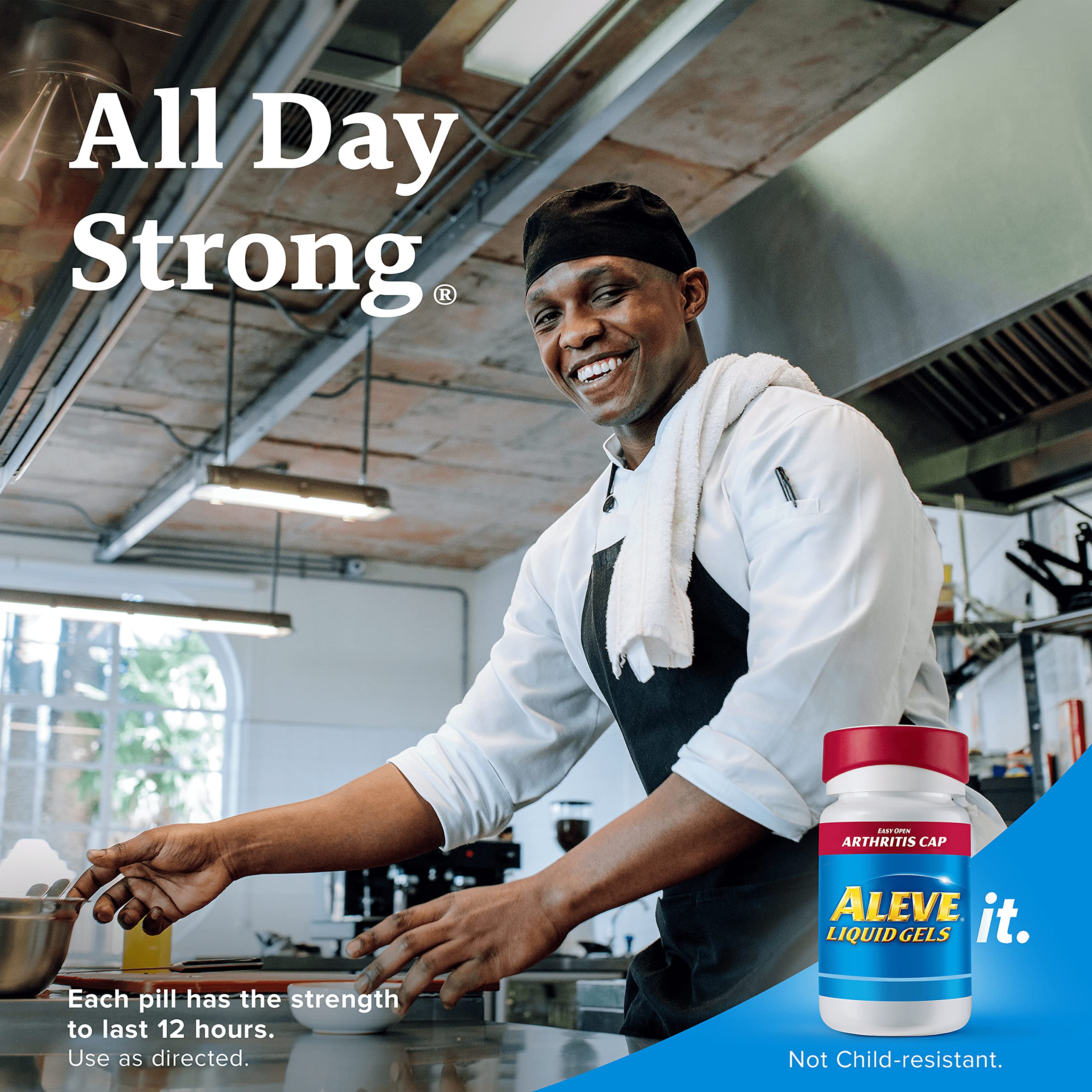 Side view of Aleve 80 count container illustrating consumer warning labels and active ingredients