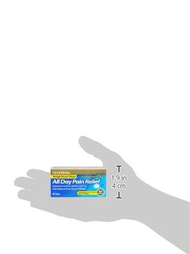 A perspective view of the GoodSense All Day Pain Relief box illustrating the authentic American product design