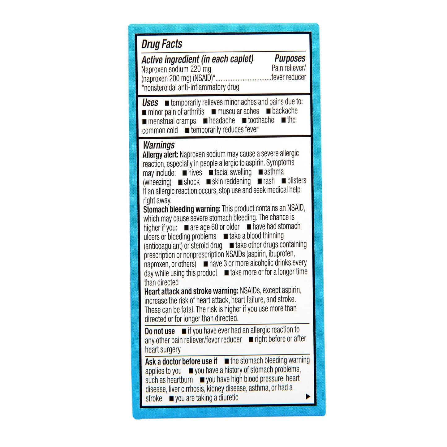 Rite Aid NSAID fever reducer and back pain relief caplets supplement facts label
