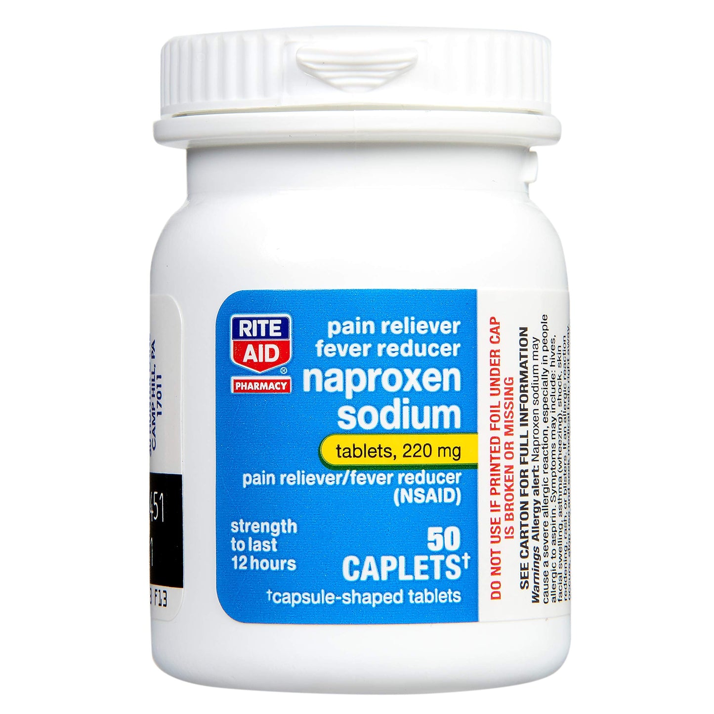 Authentic Rite Aid naproxen sodium arthritis and headache relief pills on white background