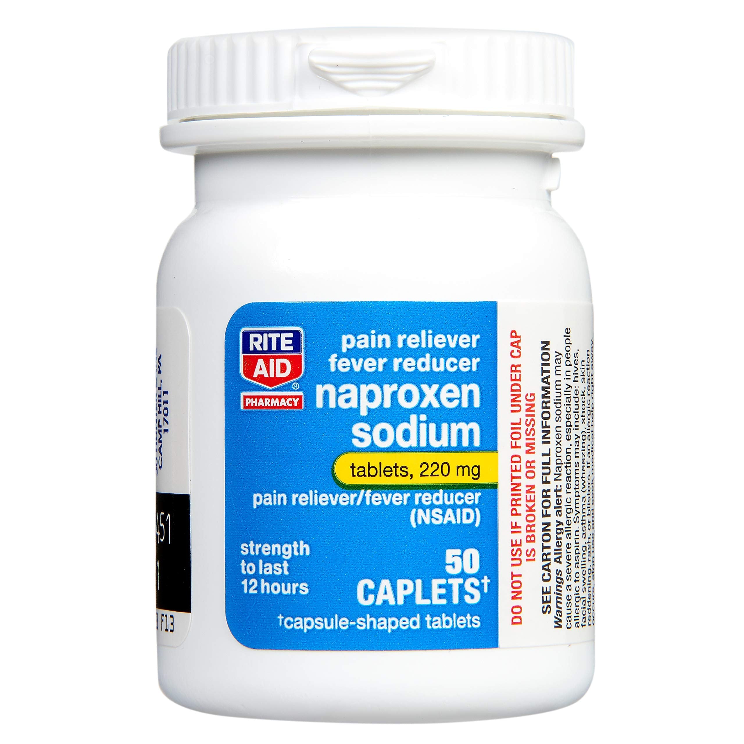 Authentic Rite Aid naproxen sodium arthritis and headache relief pills on white background