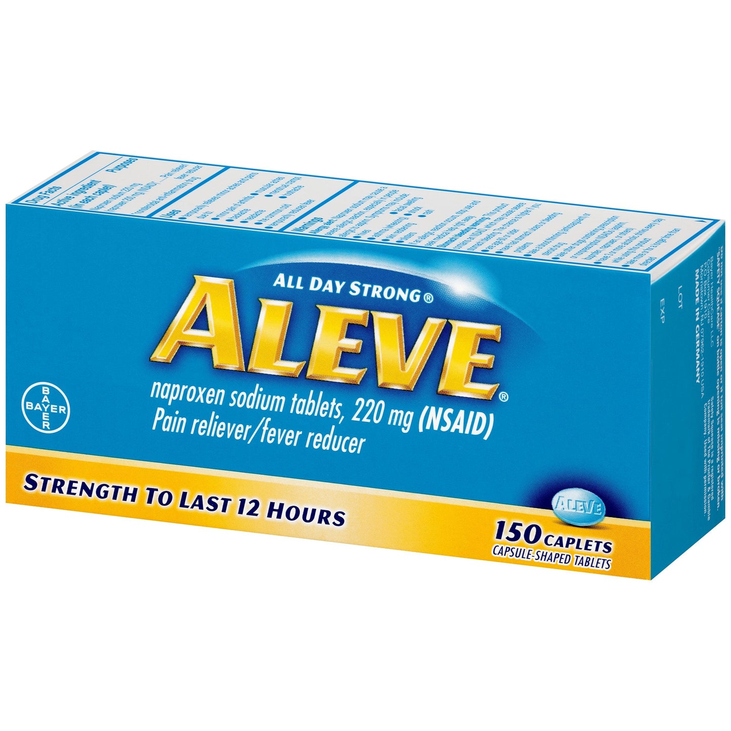 Aleve fever reducer and joint pain relief bottle showing secure seal packaging