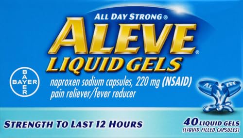 Aleve Naproxen Sodium 220mg capsule bottle side view showing drug facts