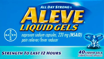 Aleve Naproxen Sodium 220mg capsule bottle side view showing drug facts