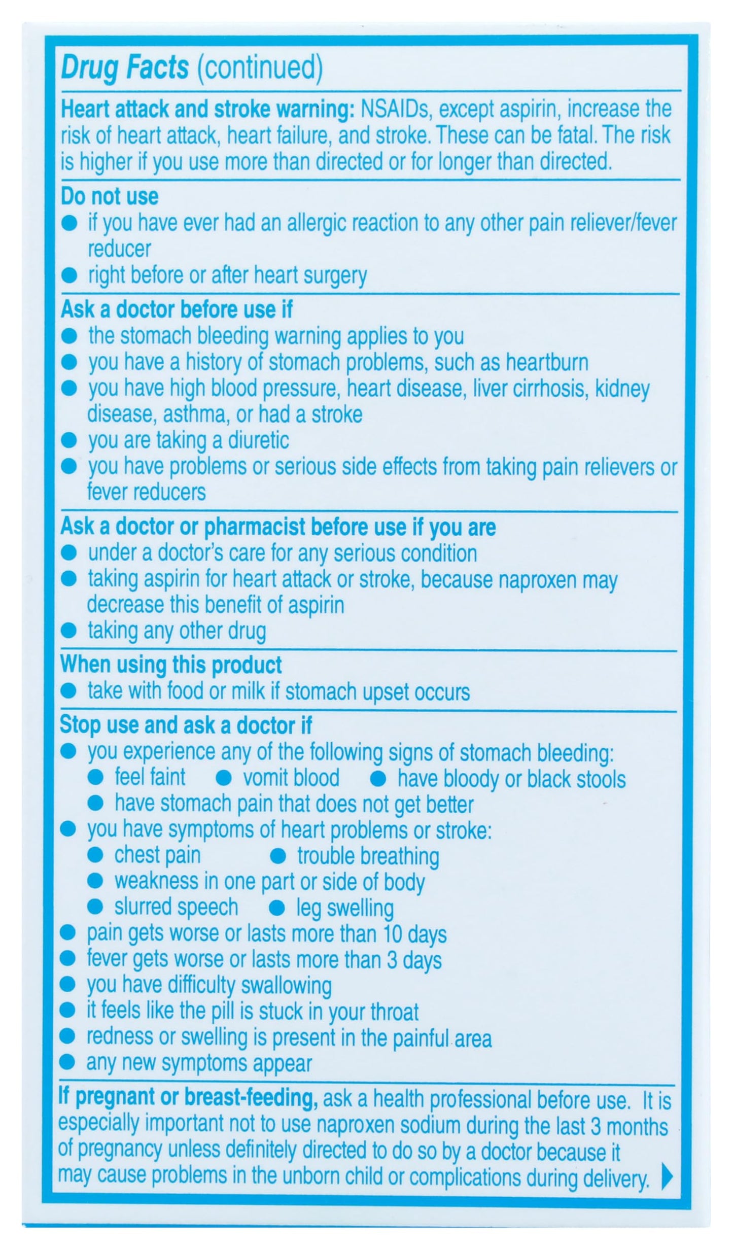 Aleve pain reliever and fever reducer 50 count bottle displaying dosage instructions on label