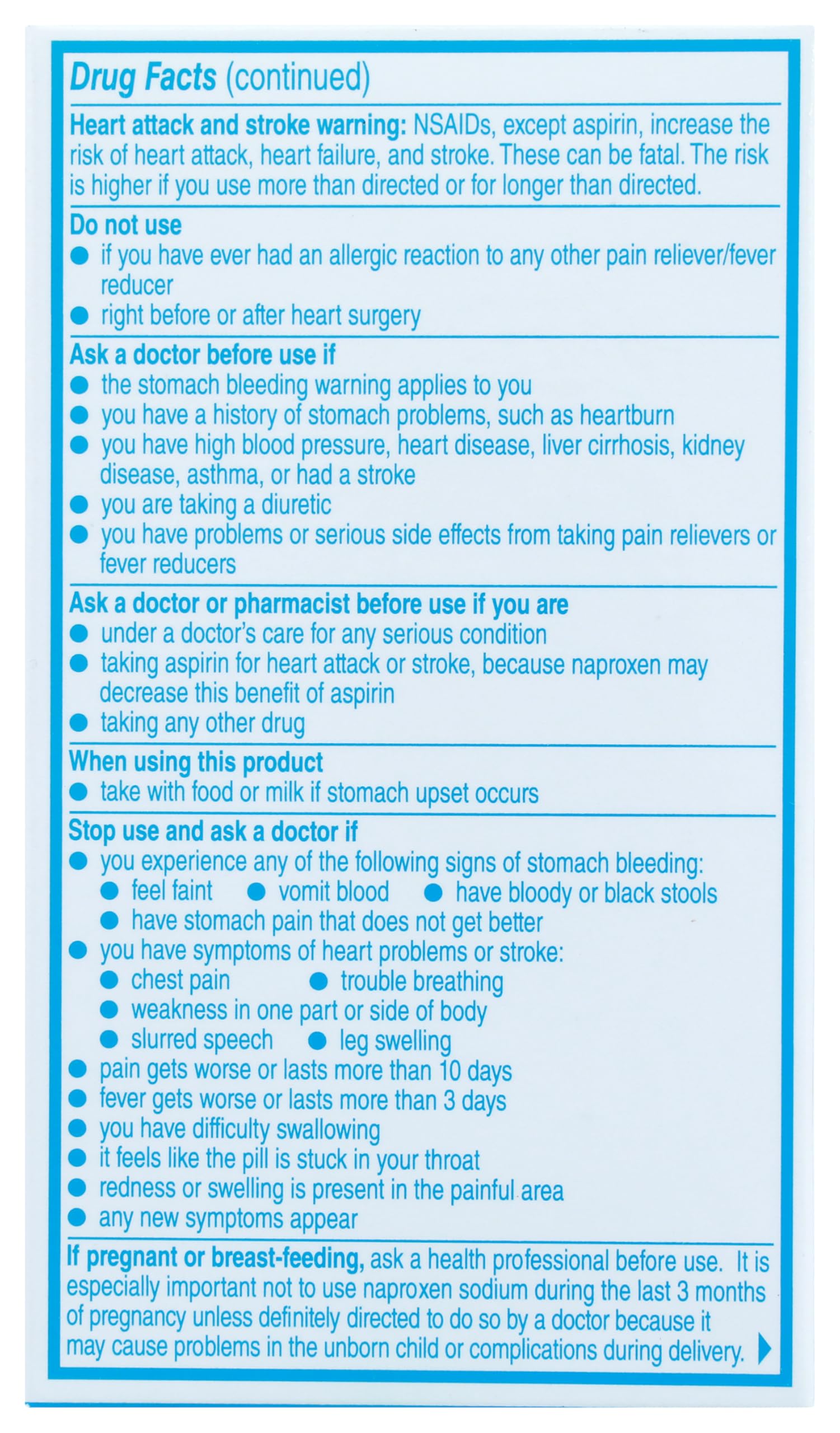 Aleve pain reliever and fever reducer 50 count bottle displaying dosage instructions on label