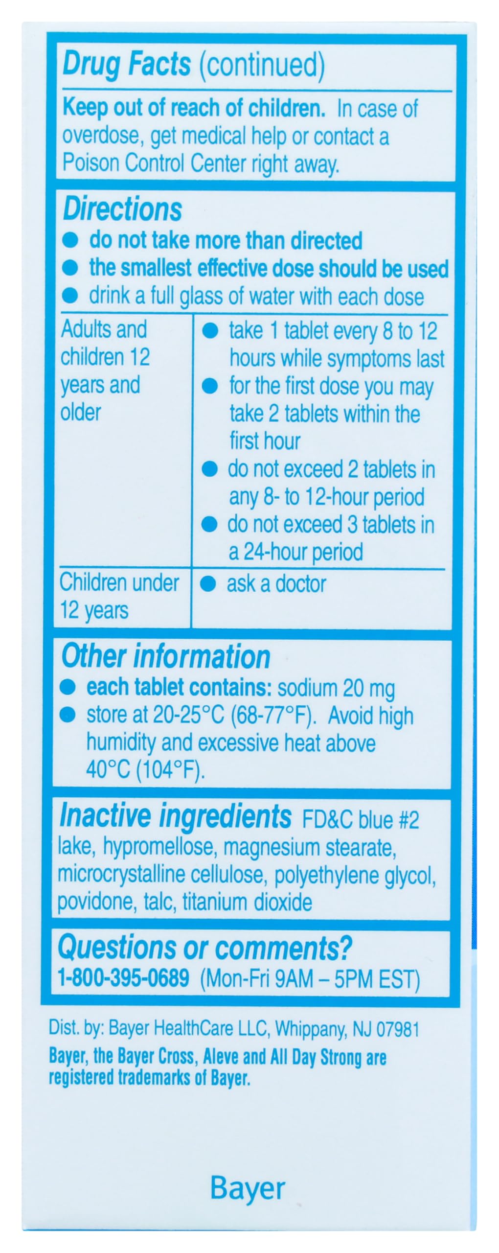 Authentic USA imported Aleve tablets container highlighting active ingredients and safety warnings
