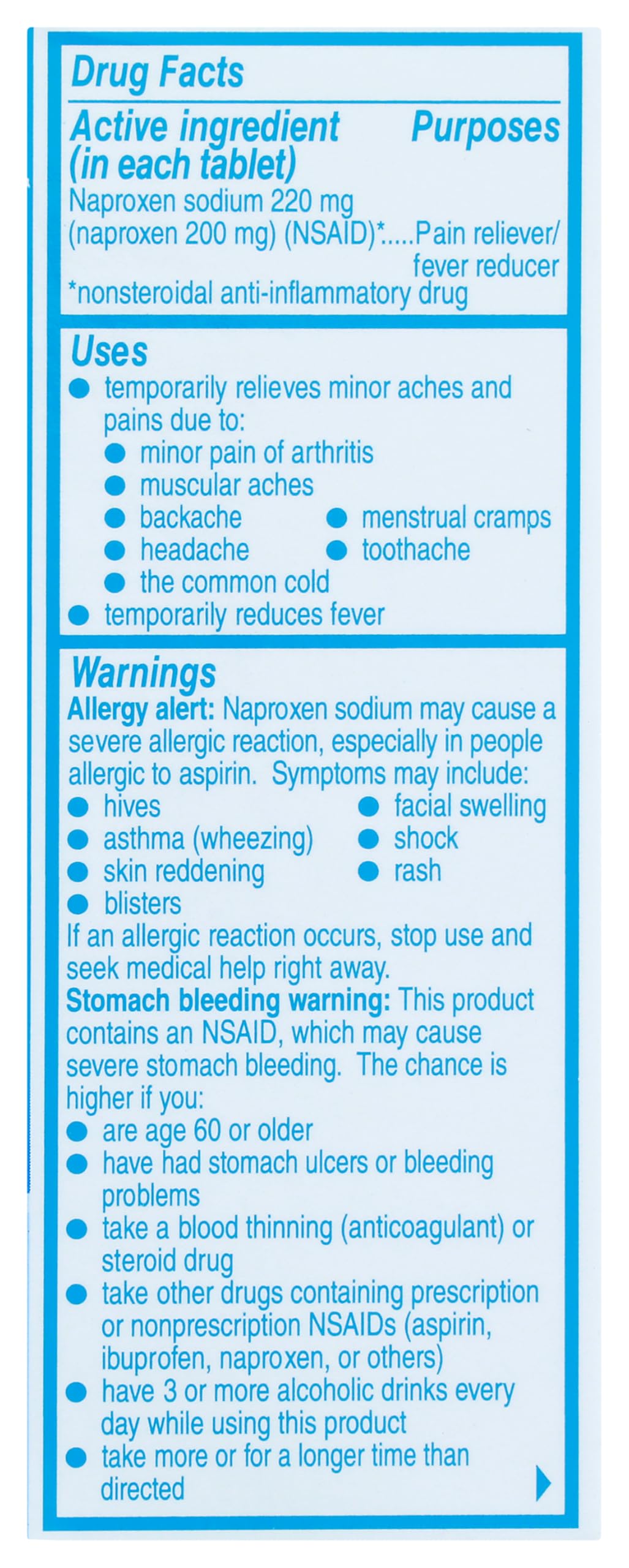 Close up of easy to swallow Aleve 50 count pain medicine bottle for minor arthritis and backaches
