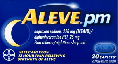 Aleve PM Caplets bottle with active ingredients label